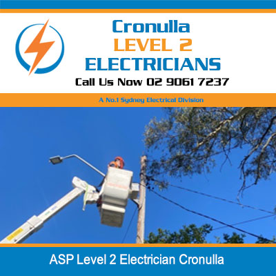 Cherry picker elevated with ASP level 2 electrician working on power lines in Cronulla
